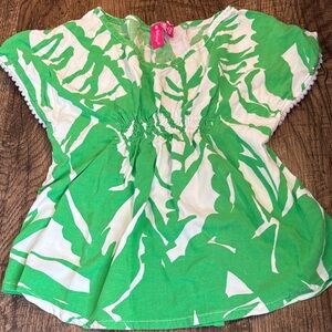 Lilly Pulitzer Green and White Palm Floral Tropical Print Kids Blouse Pompom